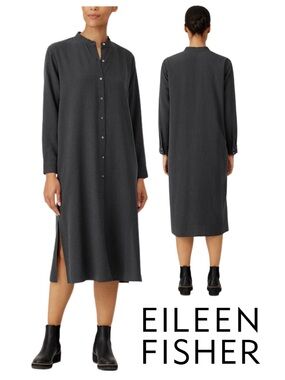 Eileen Fisher | Gray Black Check Crepe Mandarin Collar Midi Dress - Size M